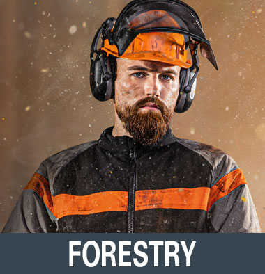 Forester with safety helmet and ear protection representing HAIX forestry boots category on a orange yellow background